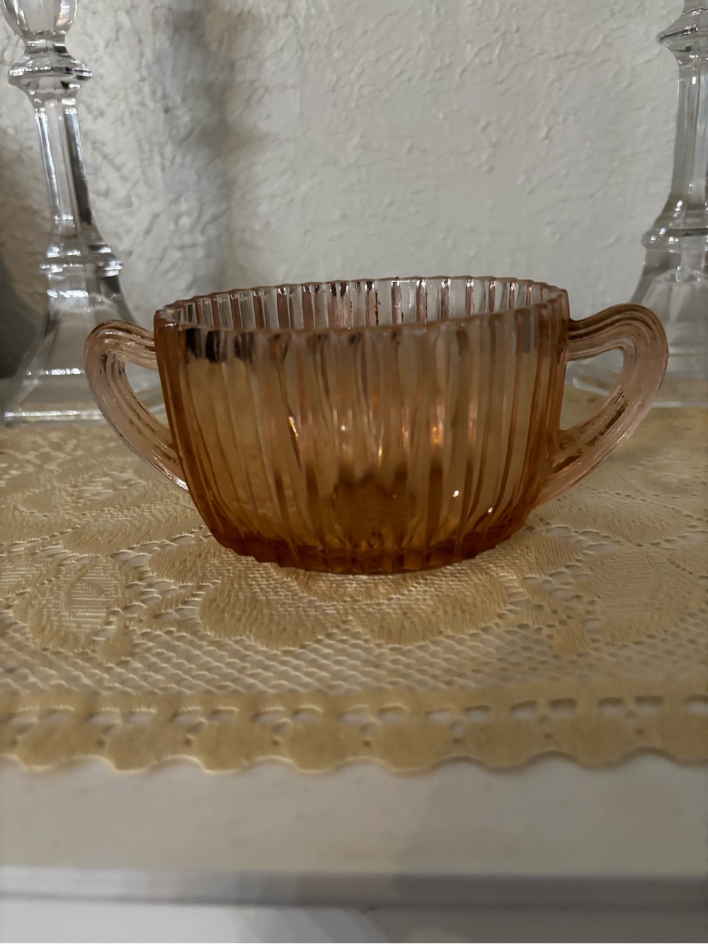 Vintage Anchor Hocking Pink Ribbed Glass Sugar Bowl with Handles